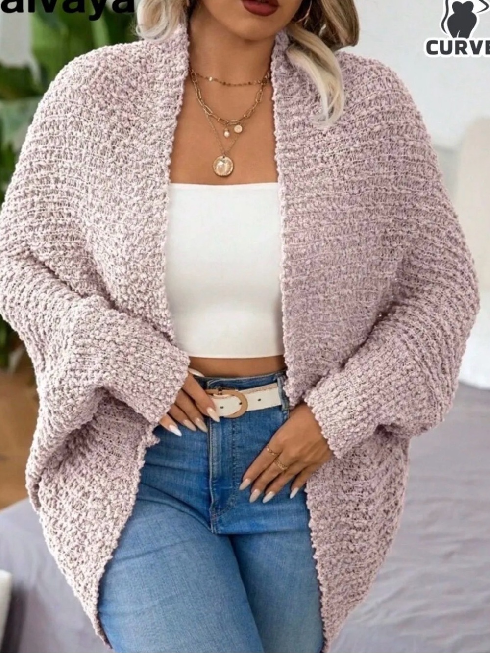 SHEIN Lilac Open-Front Chunky Knit Cardigan